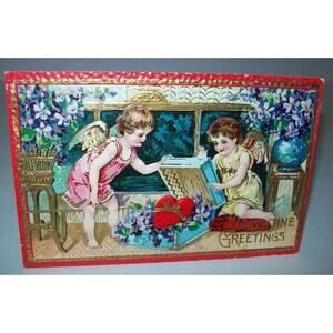 Valentine Greetings Postcard Series 0585 Embossed Cherub Angels Gold Trim Saxony